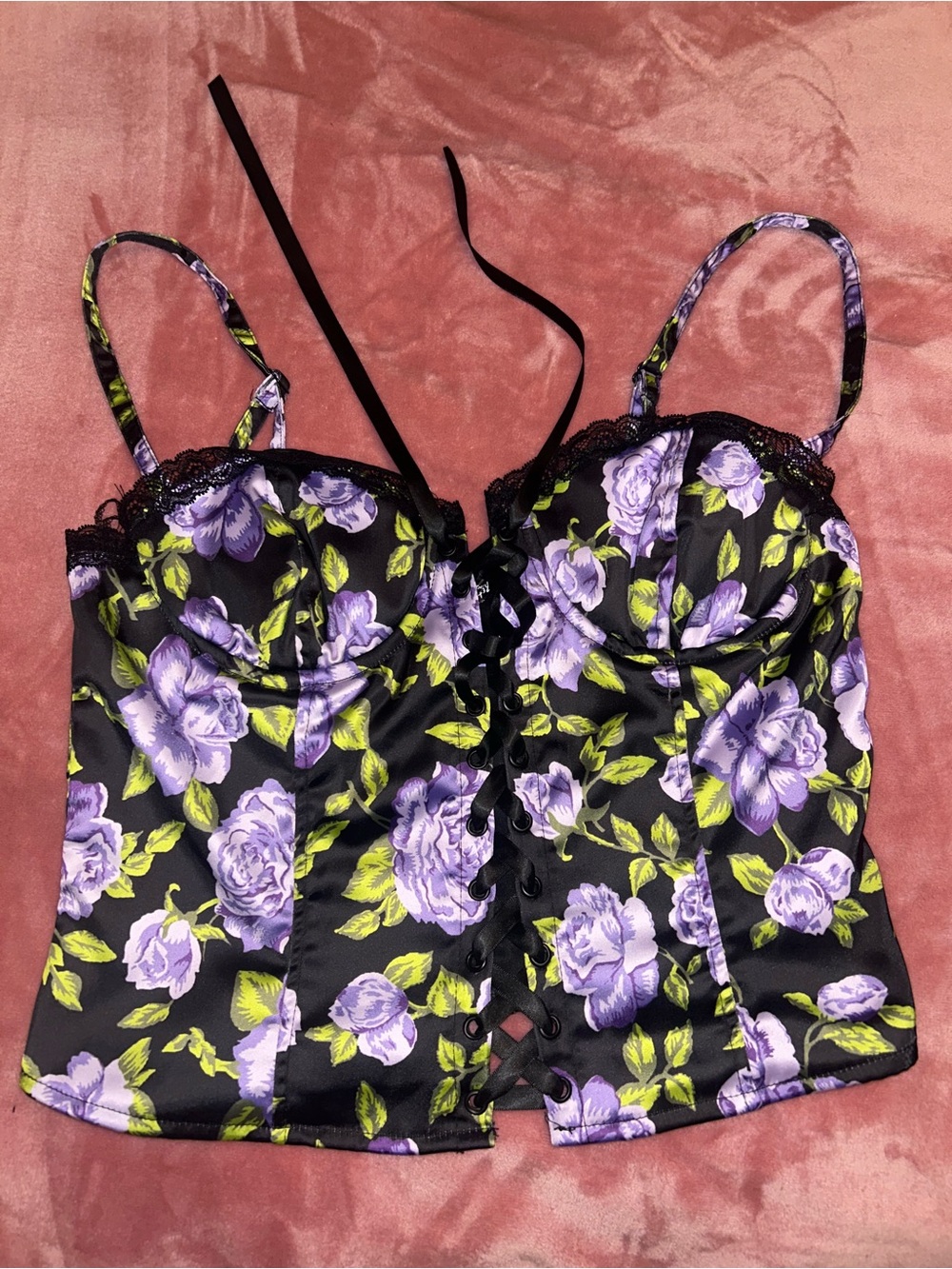 Dolls Kill Black Bustier Camisole with Lavender Floral Print